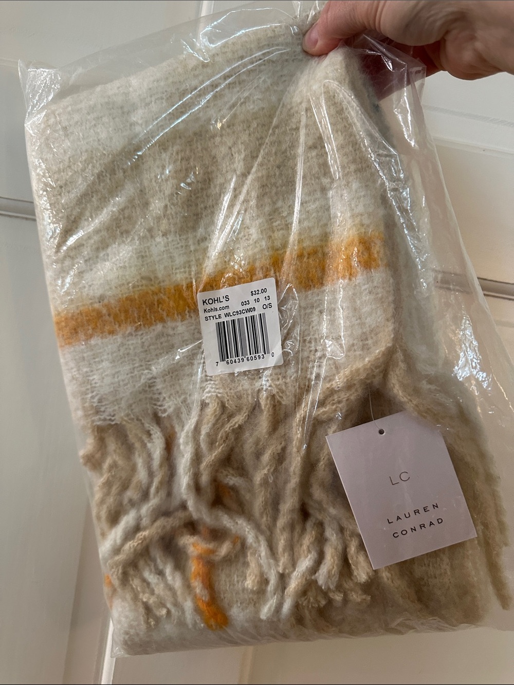 LC Lauren Conrad Cream Scarf, Wrap with Mustard Accent Stripe